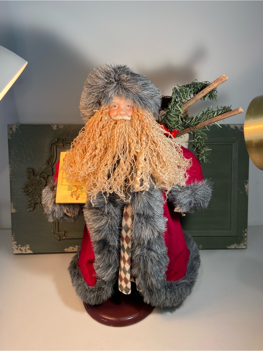 Festive Red and Gray Faux-Fur Santa Figurine